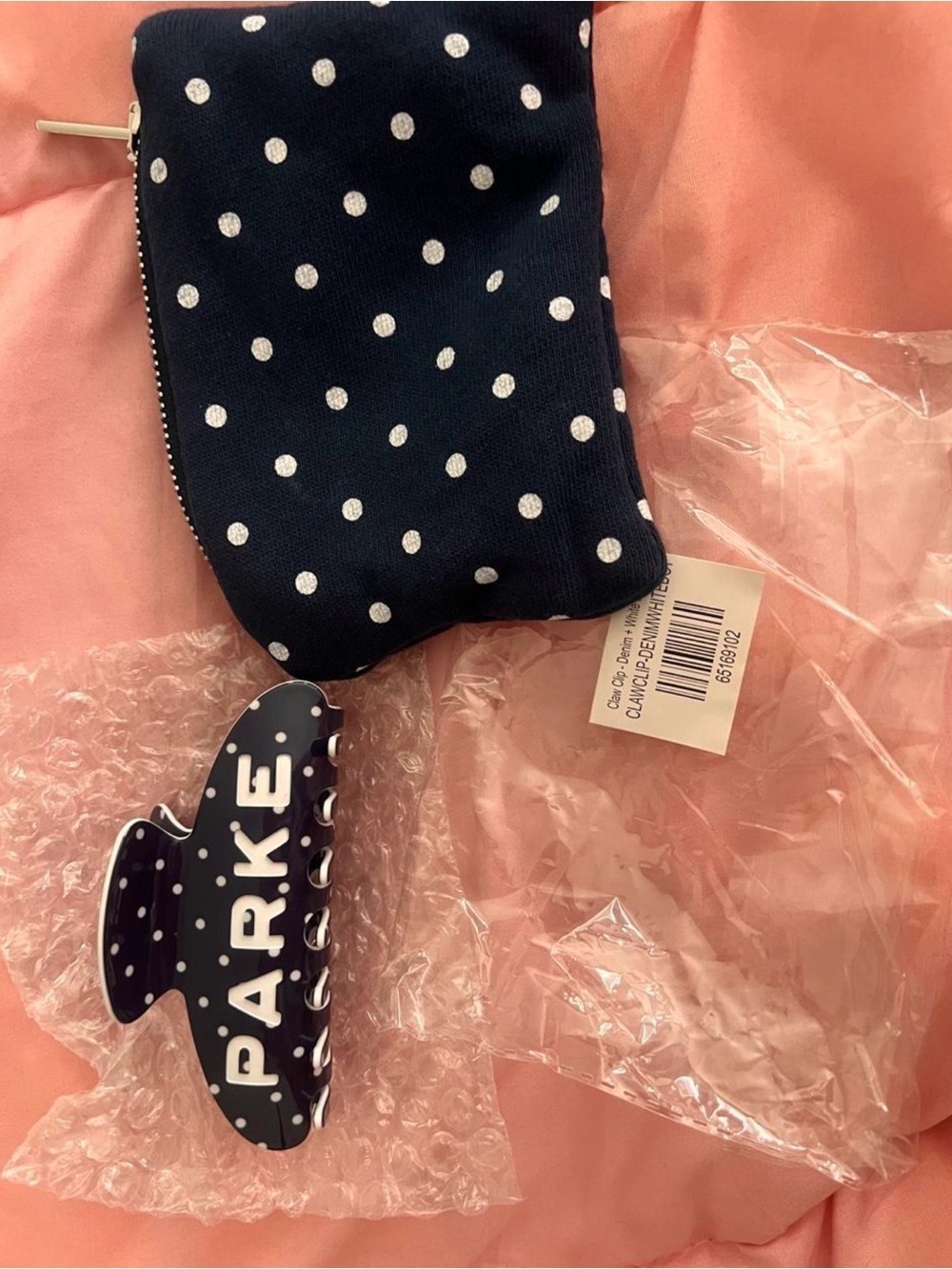 Parke Denim and white polka dot hair clip